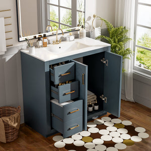 English Elm 36'' Bathroom Vanity with Ceramic Sink Combo, Solid Wood Frame, Soft-Close Drawers and Stylish Retro Groove Design Blue N710P291684C