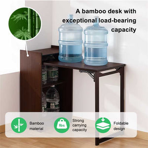 English Elm Bamboo Folding Desk with Hidden Storage & Built-In Socket, Mid-Century Compact Workstation for Small Spaces W2641P365763