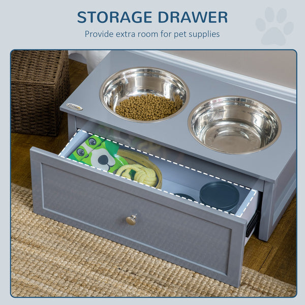 English Elm PawHut Elevated Dog Bowls with Hidden Storage Drawer, 2 Stainless Steel Bowls, Gray, Medium W2225P200774
