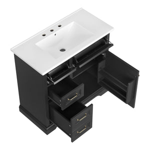 English Elm 36-Inch Modern Bathroom Vanity with Ceramic Basin, 4 Drawers & Soft-Close Door, Pre-Drilled Faucet Ready, Durable MDF and Solid Wood Construction (36"L x 18.3"W x 33.4"H) Black N725P296118B