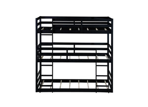 English Elm Triple Rubber Wood Bunk Bed with Built-In Ladders and Guardrails Maximizes Space for Families, Durable Design Black W504S00177