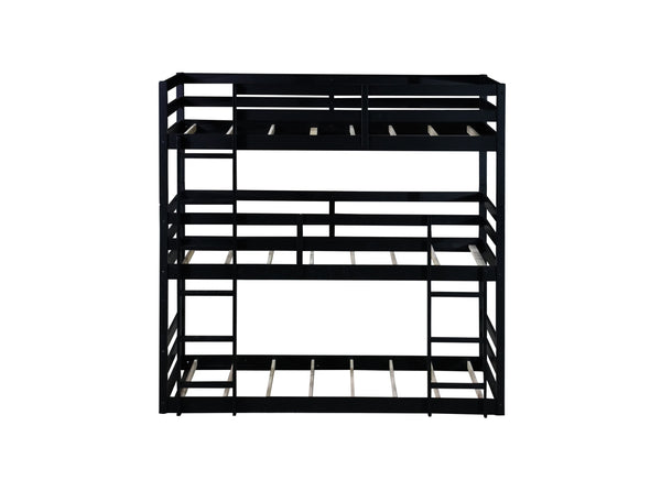 English Elm Triple Rubber Wood Bunk Bed with Built-In Ladders and Guardrails Maximizes Space for Families, Durable Design Black W504S00177