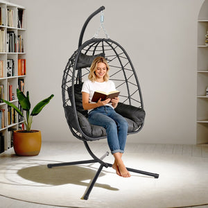 English Elm Hanging Egg Chair with Stand Pe Wicker Ergonomic Swing Seat for Patio or Bedroom T5880P497553