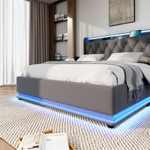 English Elm Queen Upholstered Bed with Surround LED, App/Remote Control, Hydraulic Storage, USB Type-C Charging Gray N736P188807G