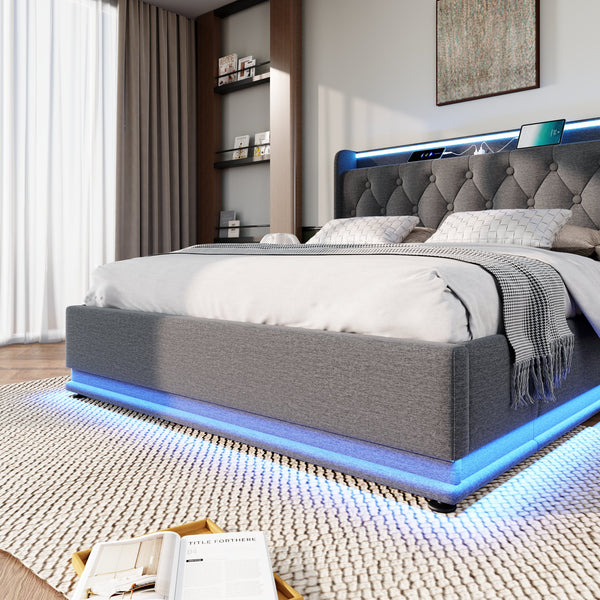 English Elm Queen Upholstered Bed with Surround LED, App/Remote Control, Hydraulic Storage, USB Type-C Charging Gray N736P188807G