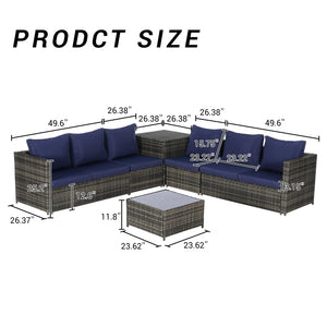 English Elm 6 6-Piece Wicker Patio Sectional Set with Tempered Glass Coffee Table, Weather-Resistant Rattan Sofa Dark Blue W874S00030