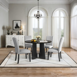 English Elm 5-Piece Round Dining Set with 43" Modern MDF Table and 4 Upholstered Fabric Chairs for Compact Spaces Grey+Black N752S001055B