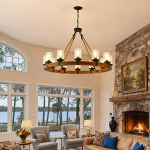 English Elm 12-light Wagon Wheel Chandelier Solid Wood Frame Seeded Glass Farmhouse Pendant W5008P390674