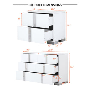 English Elm 3-Pieces Mirrored 6-Drawer Dresser and Two Nightstands with Sleek Metal Legs for Modern Living White 54.25 L x 20.75 W x 8.5 H N733S307938W