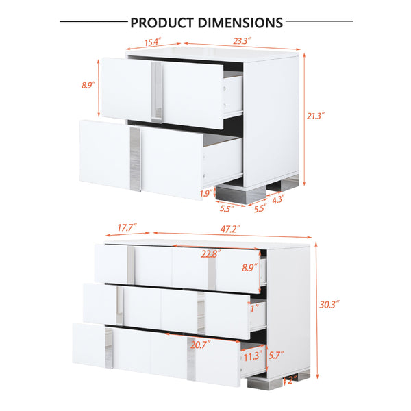 English Elm 3-Pieces Mirrored 6-Drawer Dresser and Two Nightstands with Sleek Metal Legs for Modern Living White 54.25 L x 20.75 W x 8.5 H N733S307938W
