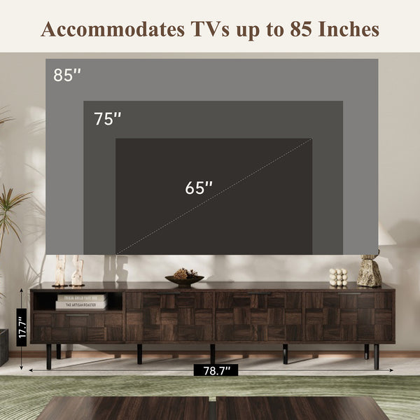 English Elm 78 Mid Century Modern TV Stand for 65–85" TVs with 3 Soft-Close Cabinets, Deep Drawer & Open Shelf (Walnut) N710P293264Q