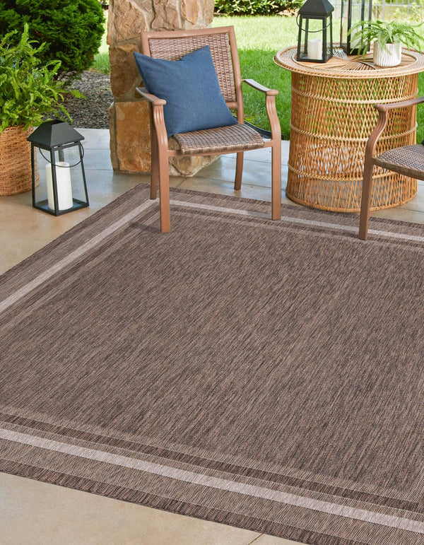 Unique Loom Outdoor Border Soft Border Machine Made Border Rug Brown, Ivory/Gray 13' 0" x 13' 0"