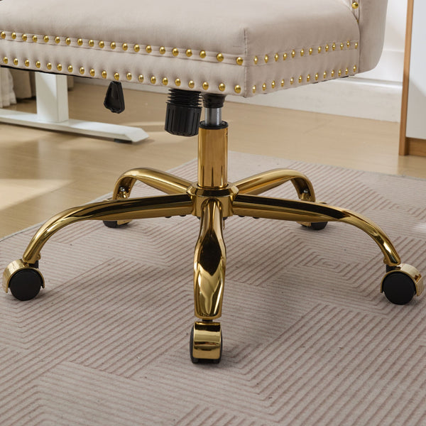 English Elm A&A Velvet Tufted Office Chair with Hand-Pulled Buttons, Nailhead Trim & Golden Metal Base, Luxe Comfort Beige W1143P292466