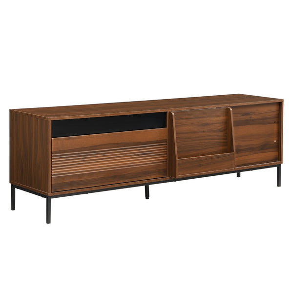English Elm U-can Mid Century Walnut Media Console with Sliding Doors and Metal Frame for Living Rooms Brown N724P360370D