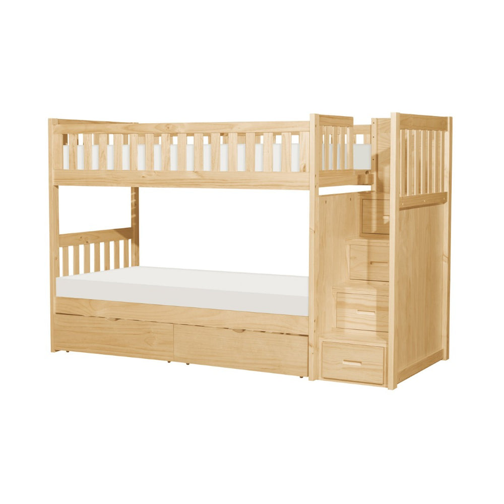 English Elm Twin Over Solid Pine Bunk Bed with Stair Drawers and Safety Guard Rails B011S02432