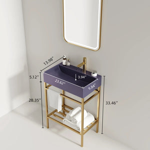 English Elm LOFI Ceramic Integrated Bathroom Vanity 24" with Rectangular Basin, Open Metal Shelf, Easy Clean Gold,Purple W2615S00081
