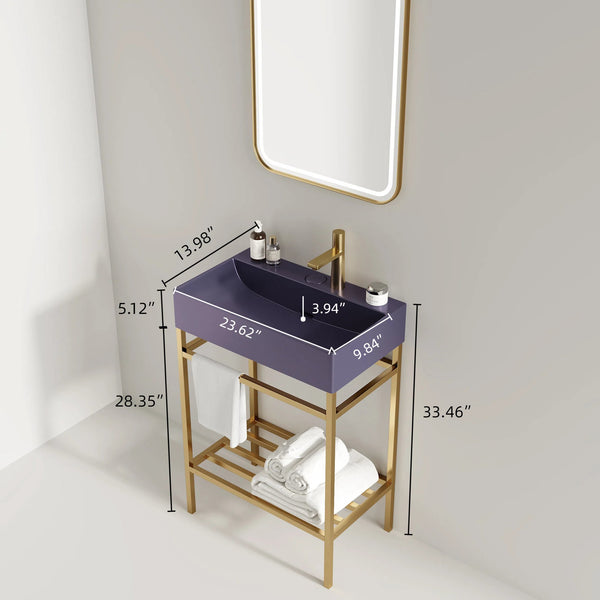 English Elm LOFI Ceramic Integrated Bathroom Vanity 24" with Rectangular Basin, Open Metal Shelf, Easy Clean Gold,Purple W2615S00081