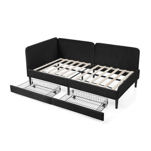 English Elm Twin Velvet Upholstered Platform Bed with 2 Underbed Drawers, Adjustable Sofa Bed, Modern Black Design W1413P298910
