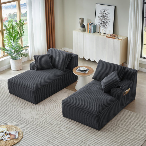 English Elm Compressible Corduroy Double Chaise Lounge with Cupholders, No Assembly, Spring-Padded Comfort Sleeps 94 DARK GREY W2339P346393
