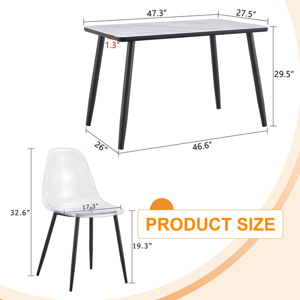English Elm Table and Chair Set Marble Glass Top with Black Mdf Shelf Four Transparent Seats W1151S04663