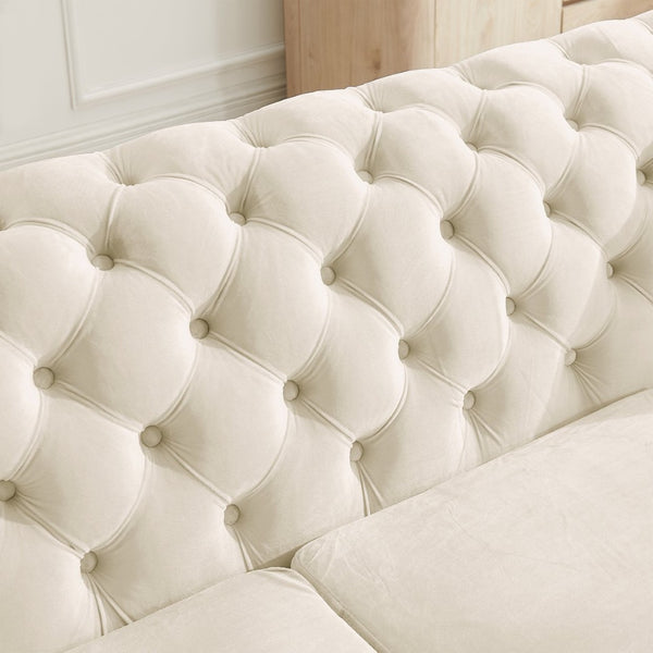 English Elm Luxury Velvet Tufted Chesterfield Loveseat with Gold Steel Trim for Living Room Beige W1191S00116