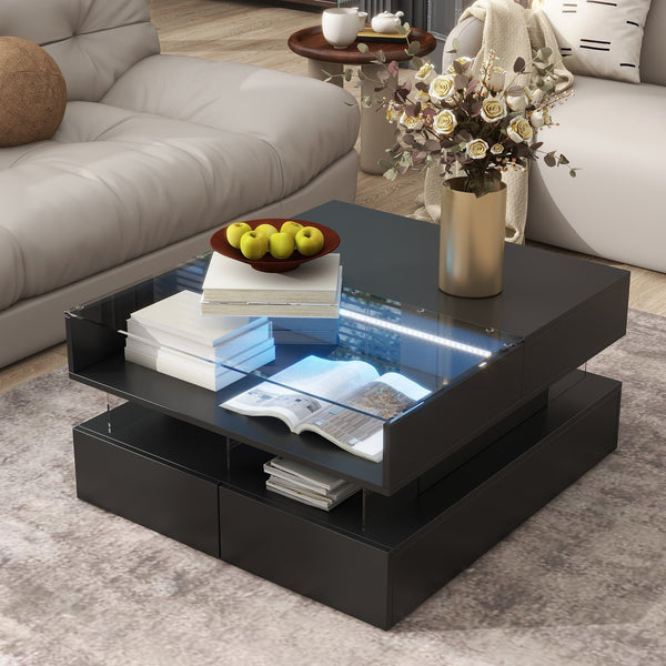 English Elm VIBE Lift-Top Coffee Table with Glass Top, Hidden Storage & LED Ambience, Modern High-Gloss Centerpiece Black N724P290043B