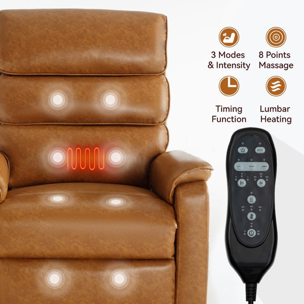 English Elm Dual Motor Power Lift Recliner with Massage Heat and 180 Degree Brown Lounge Chair Yellow Brown W1803S00061