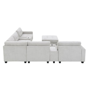 English Elm 104'' Sectional Sofa with Acrylic Table Top, Chenille Tufted U-Shaped Couch with Consoles, USB Charging, Storage Drawers and Ottoman for Living Room, Apartment Light Gray N723S0191K