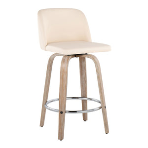 English Elm Toriano 26" Fixed-Height Swivel Counter Stools - Set Of 2 In Whitewashed Wood & Cream Faux Leather B202S00436-GIGA