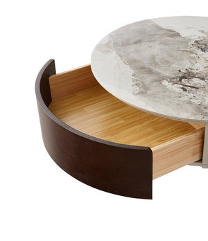 English Elm Modern Round Coffee Table with Sintered Stone Top, Smoked Wood Veneer, Drawers & Golden Legs — Durable Scratch‑Resistant Design for Living Room Lounge (White+Natural) W1911P195002