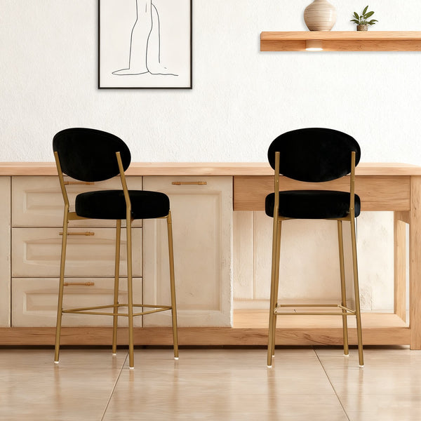 English Elm 2-Pack Modern Velvet Bar Stools Gold Frame Black Seat — Plush Ergonomic Low Back Counter Seating Set W1757P387424