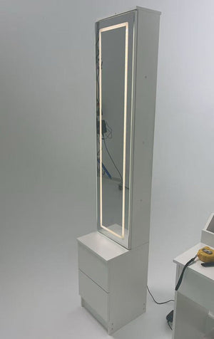 English Elm Length Floor Standing Vanity Mirror Cabinet with Led Lighting Jewelry Cosmetic Storage White W3258P453345