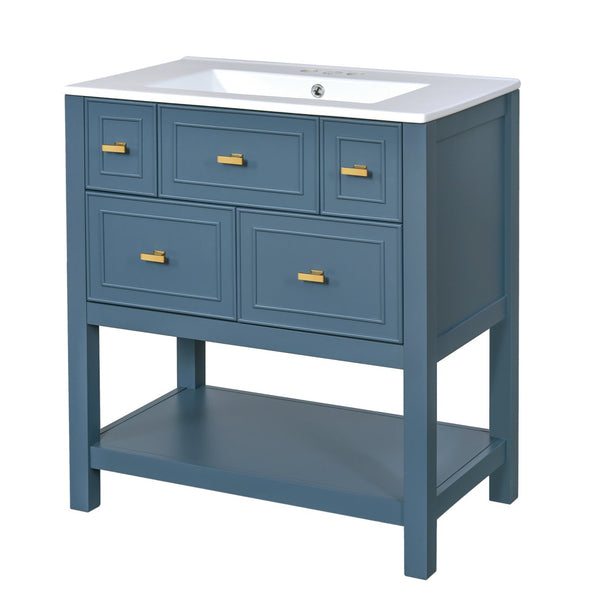 English Elm 30'' Bathroom Vanity with Ceramic Sink, Solid Wood Frame Freestanding Cabinet with 5 Drawers, Gold Knobs and Smooth Slide Rails Blue N710P247488C