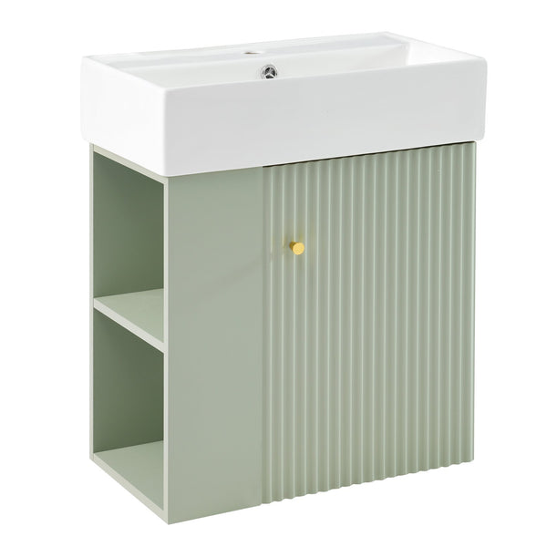 English Elm 21.6 Modern Floating Bathroom Vanity with Ceramic Basin, Wave Door, Rose Gold Handle, Space-Saving Green N729P170390F
