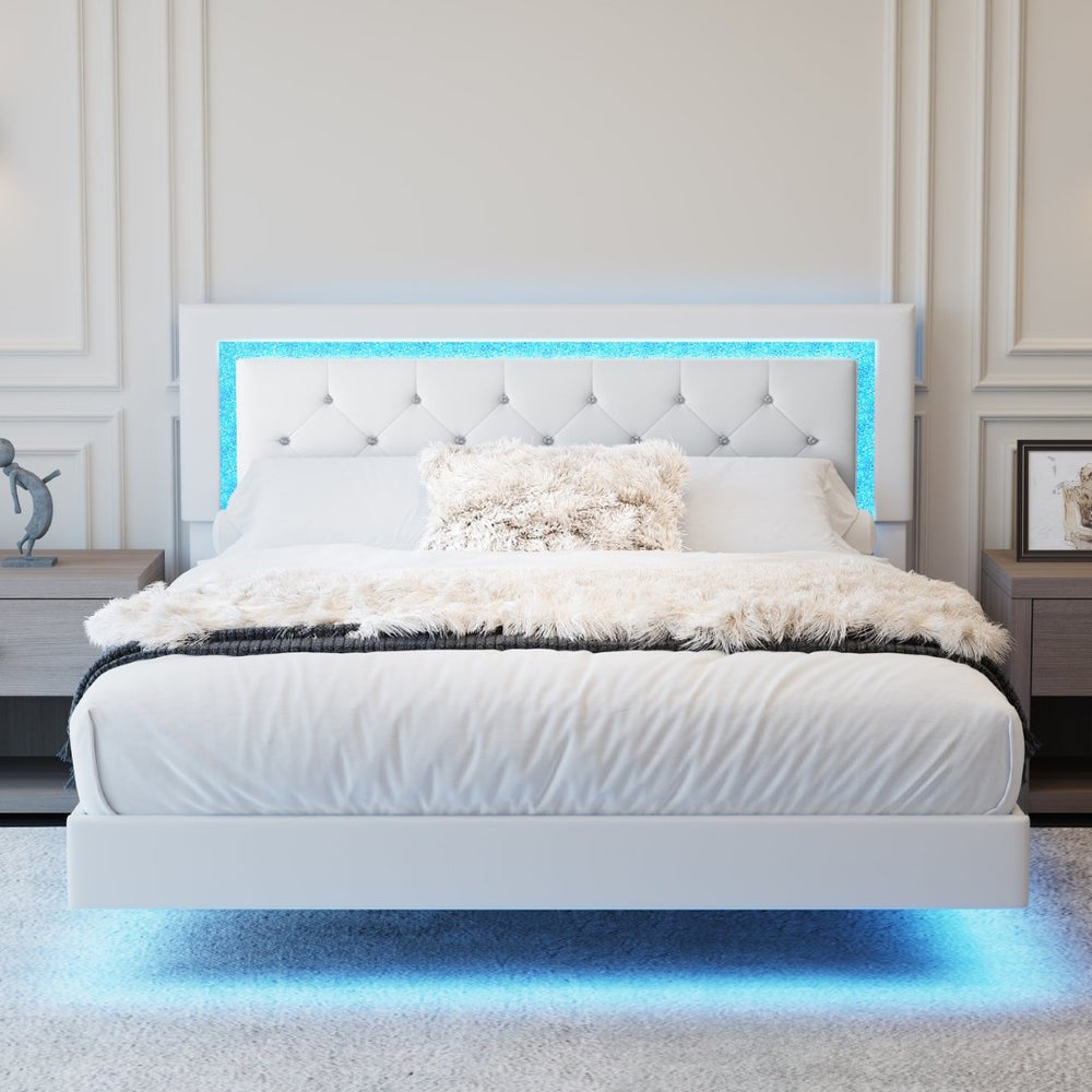 English Elm Queen Platform Bed Pu Leather Tufted Headboard Rgb Led Floating Frame Modern W3107P419174