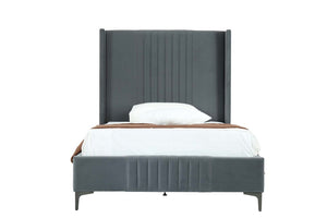 English Elm 48" Full Velvet Upholstered Bed Channel Tufted Headboard Mid-century Modern Bedroom Grey B365S00156