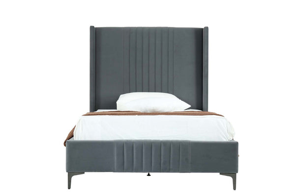 English Elm 48" Full Velvet Upholstered Bed Channel Tufted Headboard Mid-century Modern Bedroom Grey B365S00156