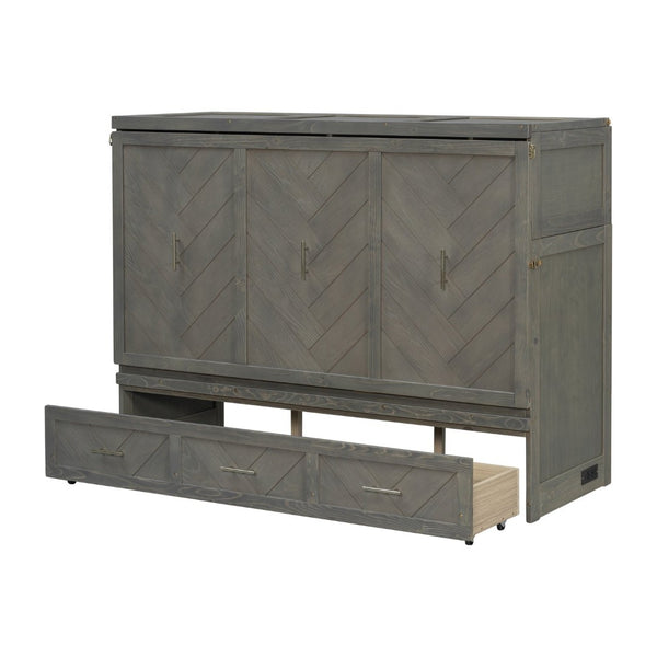 English Elm Queen Murphy Cabinet Bed Pine Wood Geometric Panel Antique Grey with Usb Charging W504S00302