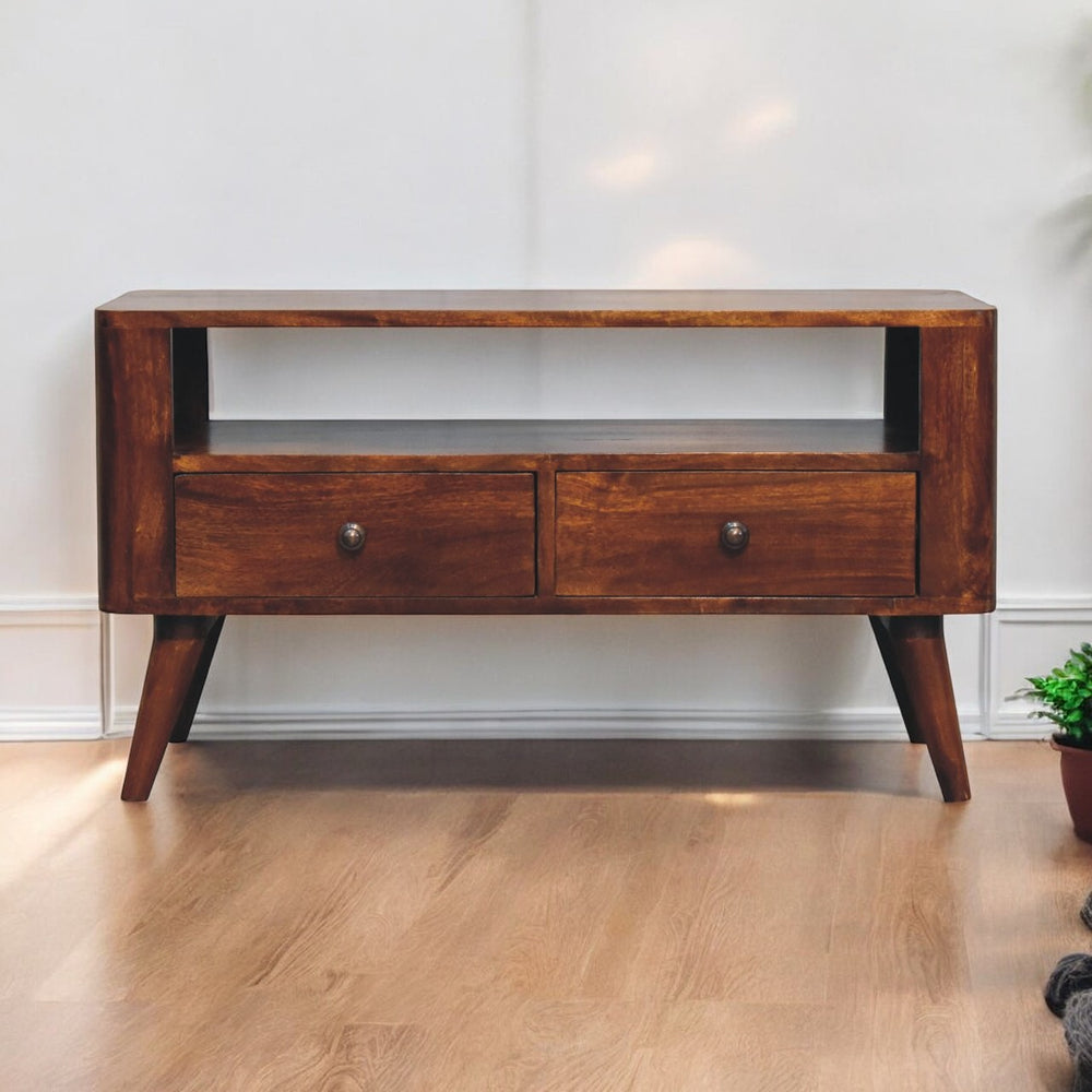 English Elm Bera Solid Mango Wood Media Unit with 2 Drawers & Open Slot, Nordic Legs, Chestnut Finish, Brass Knobs B182P316467