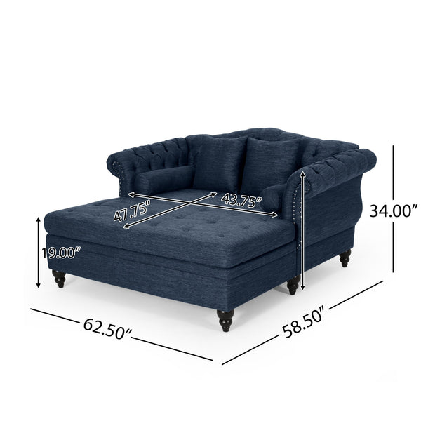 English Elm Christopher Knight Home® - LOVESEAT Double Chaise Lounge with Nailhead Trim and Button Tufting, Scroll Arms, Elegant Accent Pillows Navy Blue 54 L x 33 W x 17.5 H N776P298704N