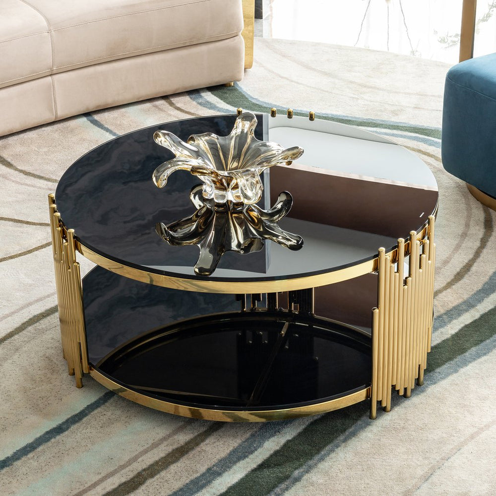 English Elm double double layer black tempered glass top stainless steel round coffee table - gold frame, two-tier storage, modern luxury for living room, office, bedroom W2723P252344