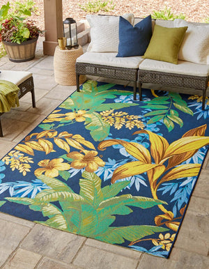 Unique Loom Outdoor Botanical Calypso Machine Made Floral / Botanical Rug Multi, Light Blue/Navy Blue/Orange/Brown/Olive/Ivory/Yellow 7' 10" x 10' 0"