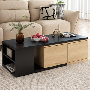 English Elm 47.2''-57''W Extendable Coffee Table With 2 Storage Drawers, Dual-Tone Wood Center Table With Extendable Sliding Tabletop, Multi-Functional Hidden Storage Sofa Table For Living Room, Black