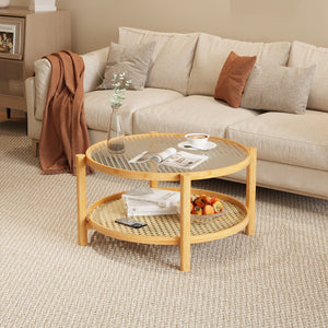 English Elm Rattan 2-Tier Bamboo Coffee Table with Water Ripple Glass Top, PVC Rattan Shelf, Natural White Modern Elegance W2992P347391