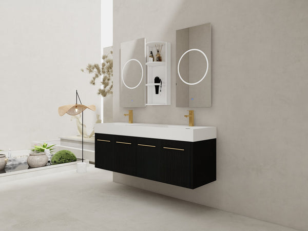 English Elm 60 Inch Wall-Mounted Bathroom Vanity With Double Resin Sink & Stylish Storage Rack, Easy Assembly W999S00372