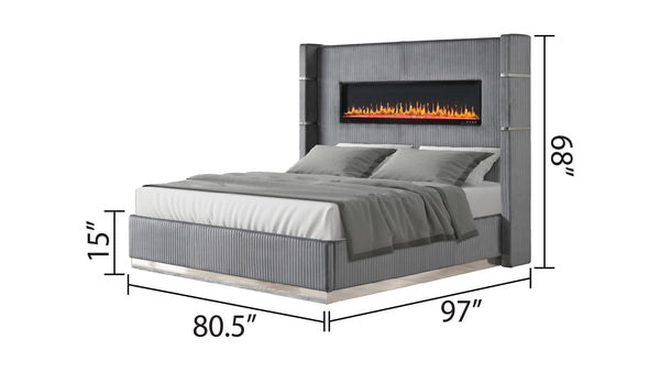 English Elm Lizelle King Bed Gray Velvet with Ambient LED Fireplace, Bluetooth Speakers, USB Ports, Modern Luxe B00977486