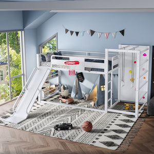 English Elm Twin Metal Loft Bed with Slide Basketball Hoop Climbing Wall and Built-in Shelves White W1580S00633