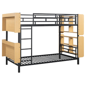 English Elm Twin Metal Bunk Bed with Built-In Headboard Storage and Footboard Shelves, Sturdy Space-Saving Design Black SF000176AAB