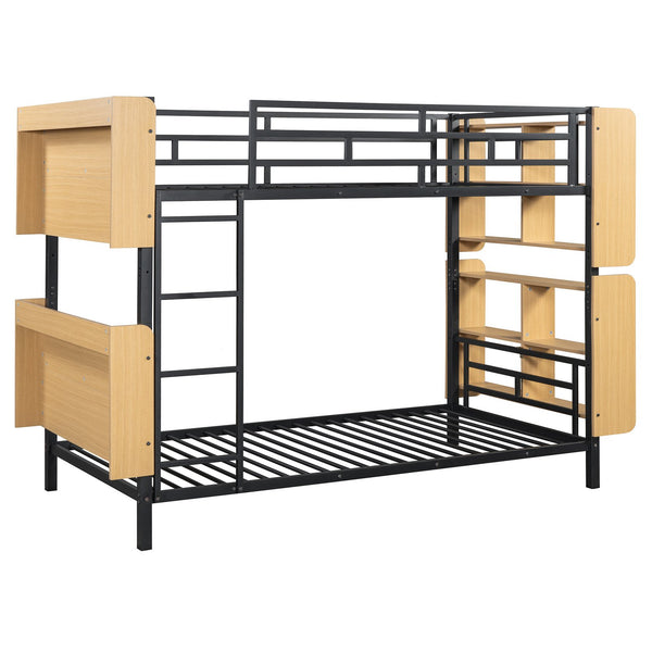 English Elm Twin Metal Bunk Bed with Built-In Headboard Storage and Footboard Shelves, Sturdy Space-Saving Design Black SF000176AAB