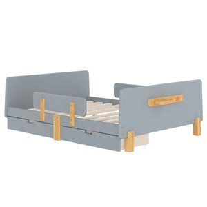 English Elm Twin Low Profile Kids Floor Bed Pine Wood Frame with Safety Rail and Built in Bookshelf Gray W1580P373246